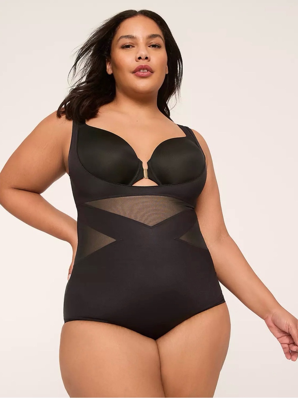 Cacique by Lane Bryant Black Shaping Open Bust Bodysuit with Mesh Panels